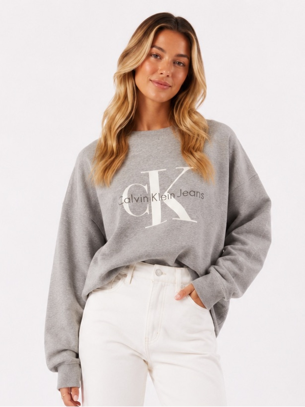 $150 Calvin Klein Gray Logo Crew Sweater Medium Oversized Y2K